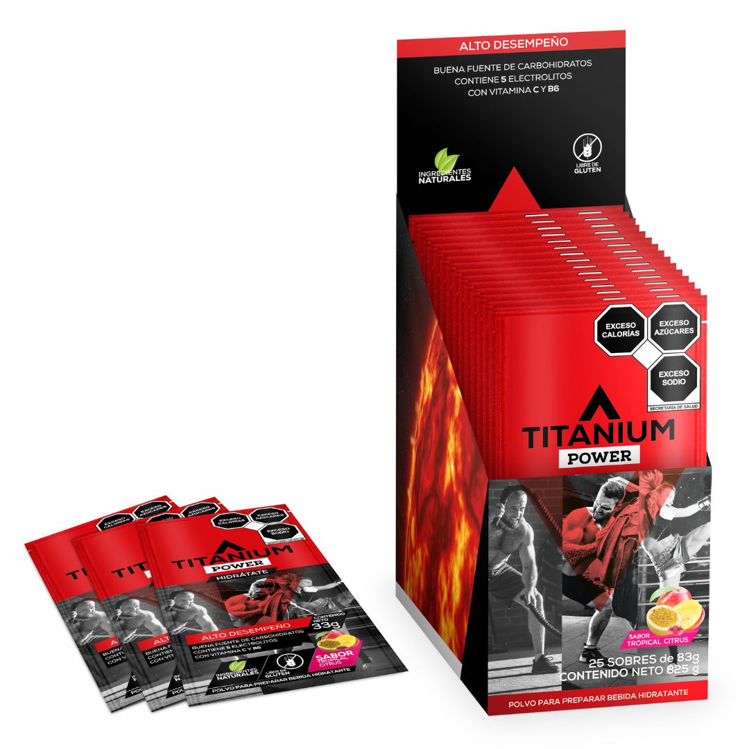 Electrolitos en polvo POWER, Caja x 12/25 Packs, Sabor Ponche de Frutas