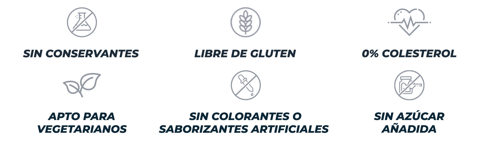 sin conservantes, libre de gluten, 0% colesterol, apto para vegetarianos, sin colorantes o saborizantes artificiales, sin azúcar añadida