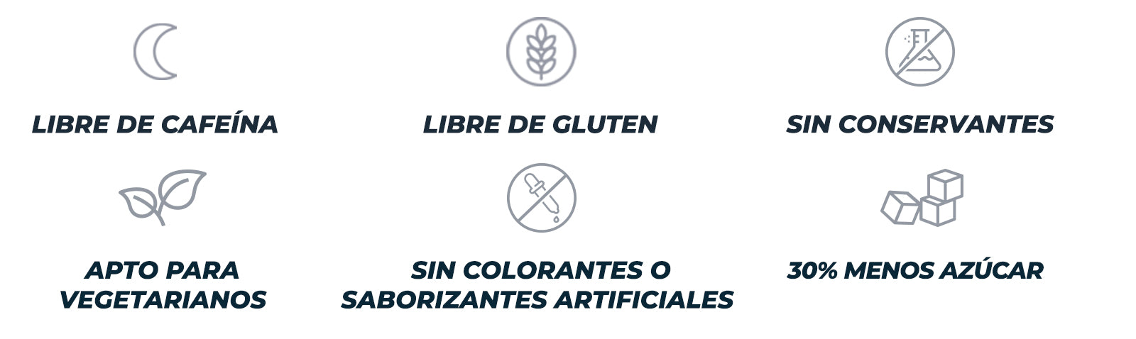 libre de cafeína, libre de gluten, sin conservantes, apto para vegetarianos, sin colorantes o saborizantes artificiales, 30% menos azúcar